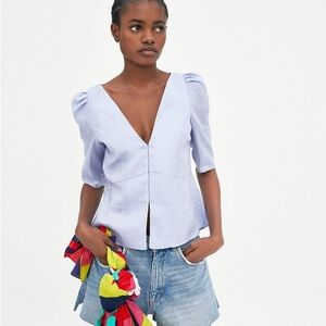 Zara trf Light Blue linen blend tie puff sleeve V-Neck Blouse hook front